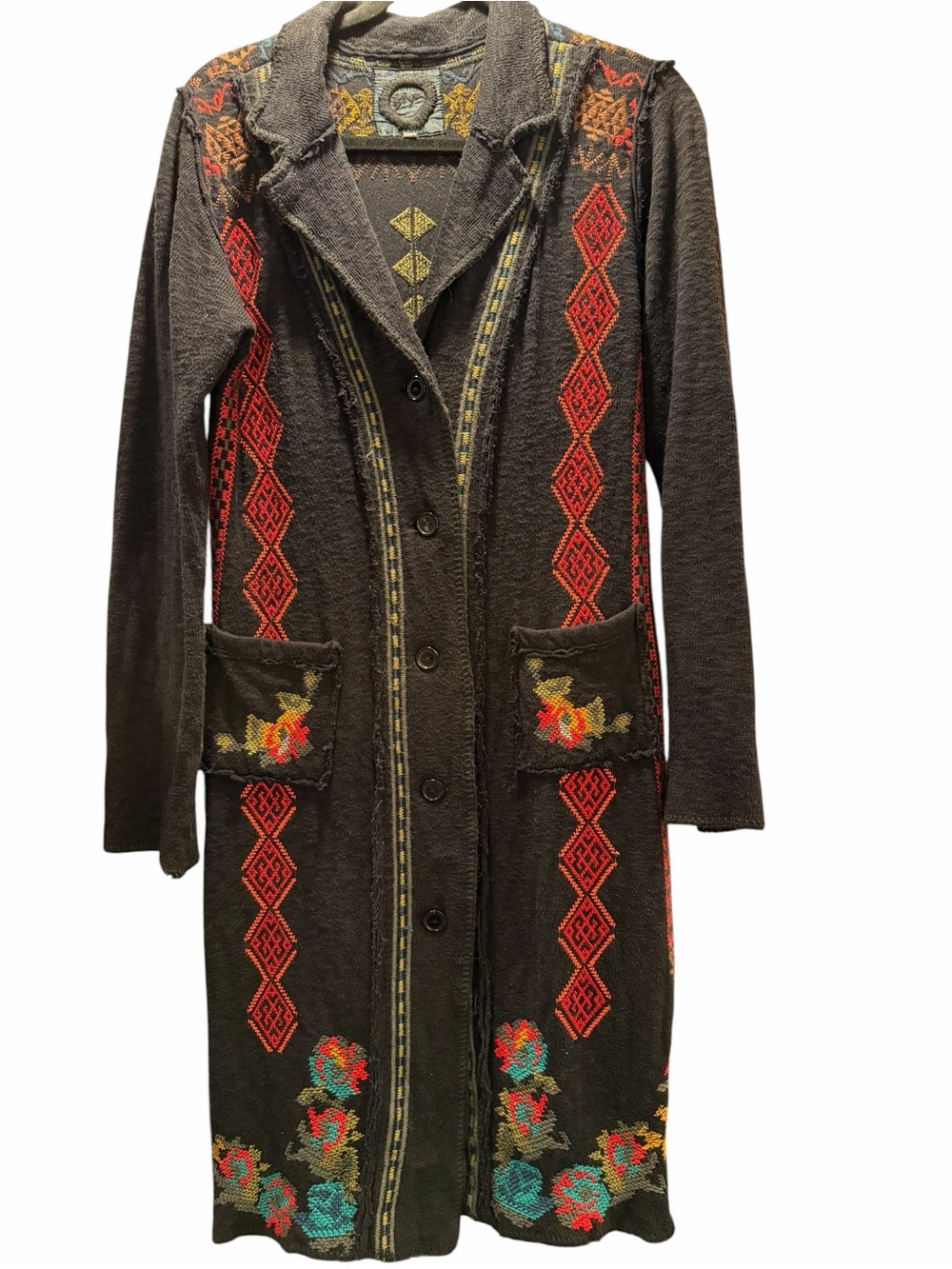 Johnny Was Biya Embroidered Long Duster Cardigan Coat Black Floral MSRP $695